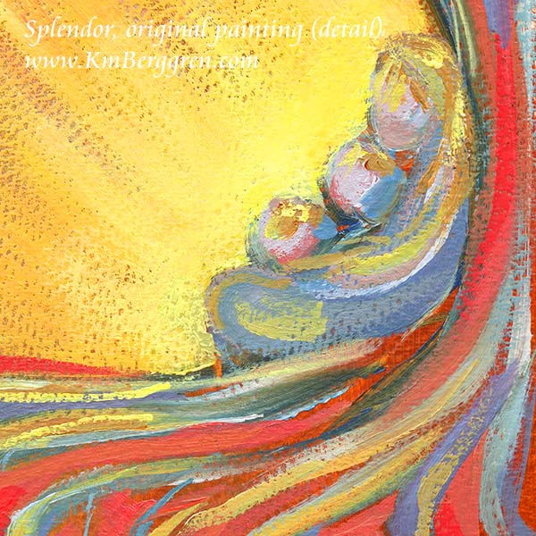 A colorful abstract painting on textured heavy paper, featuring a bright yellow and red sunburst with swirling blue and purple roots and tree branches. Mother and 2 children sitting beneath a tree in the sunset or sunrise, bright yellow and orange sun behind them. kimberggren, katie m. berggren, kmberggren artwork