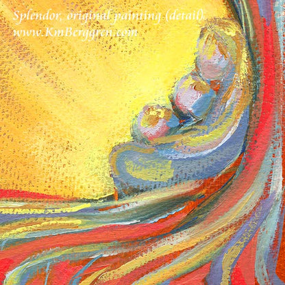 A colorful abstract painting on textured heavy paper, featuring a bright yellow and red sunburst with swirling blue and purple roots and tree branches. Mother and 2 children sitting beneath a tree in the sunset or sunrise, bright yellow and orange sun behind them. kimberggren, katie m. berggren, kmberggren artwork