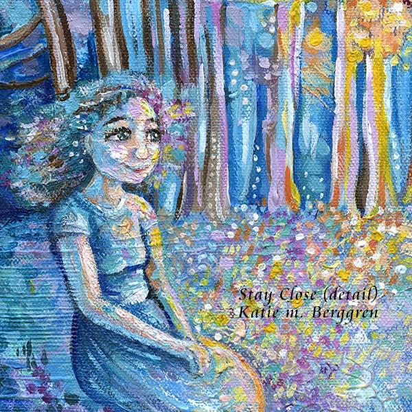 woman sitting casually in the grass next to a stream and forest - with a bright orange and yellow glow coming through the trees. Remembrance artwork for women, thoughful inspiring art for girls, emotional woman loss painting by kmberggren, katie berggren