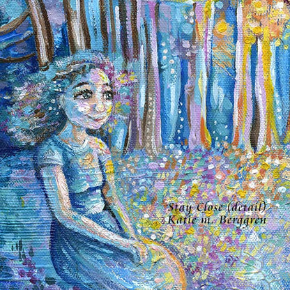 woman sitting casually in the grass next to a stream and forest - with a bright orange and yellow glow coming through the trees. Remembrance artwork for women, thoughful inspiring art for girls, emotional woman loss painting by kmberggren, katie berggren