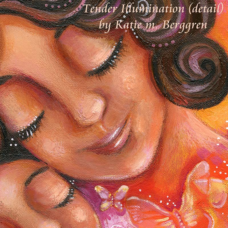 warm mother and daughter art, mom and daughter painting, butterfly painting, motherhood and butterfly painting, orange red magenta butterfly, brown haired mother and daughter, mexican mother and daughter art, art for charity, the hope effect, joshua becker charity, artwork to benefit families