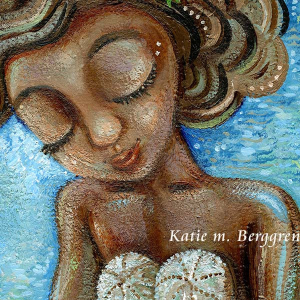 black woman mermaid with short wavy brown hair, closed eyes, plump lips, shell bra and holding a shell that is opening to reveal a pearl