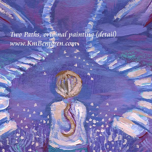 A vertical painting on heavy paper showing a surreal purple and blue scene with two winding paths leading to a small figure, a woman's backside view, looking at the decision of two different stone paths, between purple and lavender trees, violet sky, soft inspirational artwork for women by kmberggren, katie m berggren
