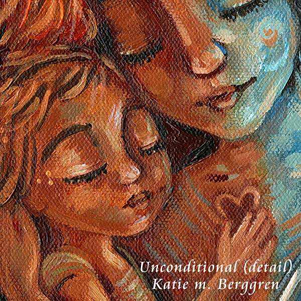 red and blue gradiant painting of mother with short hair sleeping with her child, little boy holding mommy's heart, little girl napping with mommy, tall narrow intimate motherhood artwork