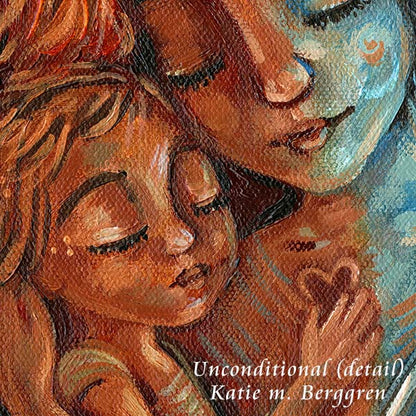 red and blue gradiant painting of mother with short hair sleeping with her child, little boy holding mommy's heart, little girl napping with mommy, tall narrow intimate motherhood artwork