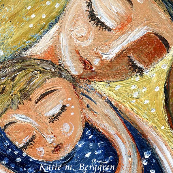 custom mother and son art gift, red, yellow and blue artwork of a mother hugging her spiky haired blonde son, sitting together, mother and child gift idea