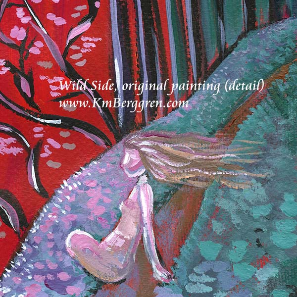 An original painting on heavy paper depicting a fantasy scene of a woman sitting on a path in a forest, with red trees on one side and blue foliage on the other. She looks to the wild side of the path, long hair flowing, full-figured woman, bright colored painting. Painting by KmBerggren, art by katie m berggren, kimberggren