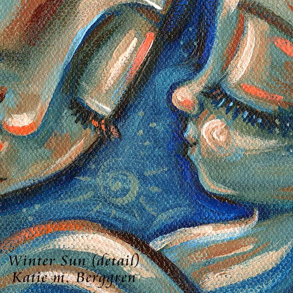 orange and red and blue warm painting of a mother sleeping with a little baby with orange hair, long hair mommy and baby napping artwork by kmberggren