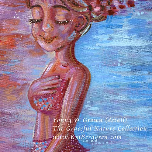 original painting of woman in red magenta dress with inner child, children, little girl and baby with mom, confident woman, warm and cool art, magenta and blue painting of young woman