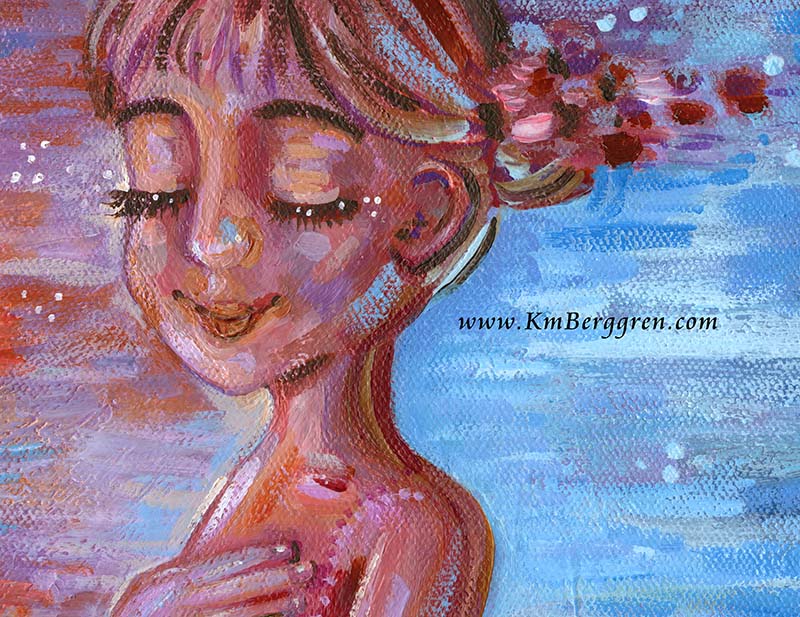 original painting of woman in red magenta dress with inner child, children, little girl and baby with mom, confident woman, warm and cool art, magenta and blue painting of young woman