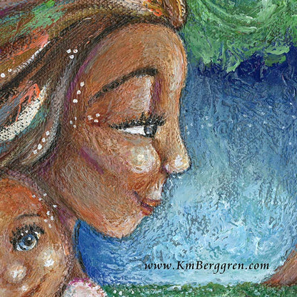 inspirational wall decor for women of mother and child in the forest, biracial baby on mommy's chest beneath tree and by river, forest and trees, positive uplifting artwork, inspirational wall decor for nursery or clinic, therapy for women art, KmBerggren, km berggren, katie berggren kimberggren, kim berggren art