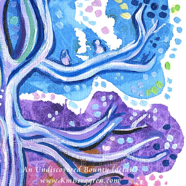 woman reading beneath beautiful colorful tree with birds and visual texture, warms and cools, organic patterns, kmberggren painting, paintings of trees and nature