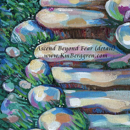 painting of woman climbing stone steps original painting by kmberggren, paintings of women, hopeful artwork, inspirational artwork for women, gifts for mom, art for women, paintings of stairs in nature, paintings of trees, paintings of rocks, kimberggren, kmberggren, katie berggren
