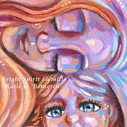 cheerful artwork of mother cradling two happy children with big blue eyes, purple and blue soft and vibrant original painting by kmberggren