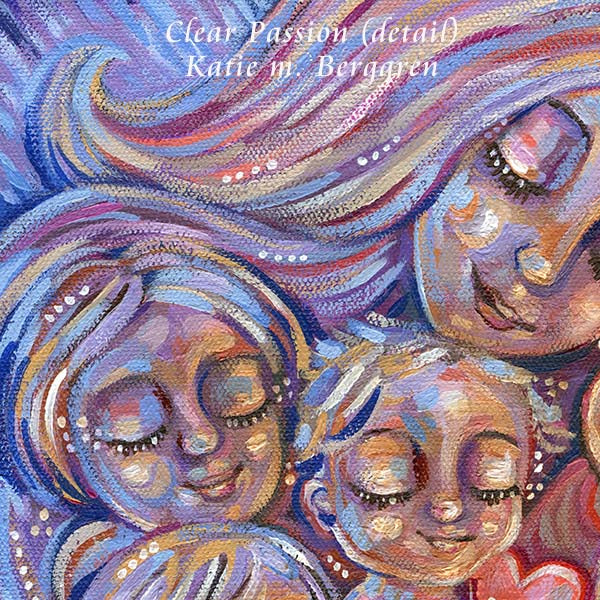 mother of 5 artwork, original painting of mom and five kids, bright and vivid artwork by kmberggren, sisters and brothers cuddles in mom's arms, mom cradling 5 kids in red and blue original artwork