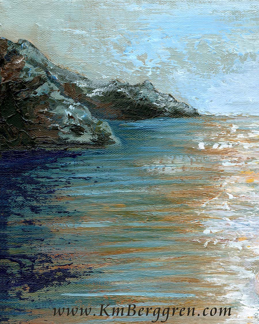 detail of original art of mother and son standing on beach, painting of mom holding baby by the seashore, cool calm artwork, contentment art, relaxing peaceful painting, rock jetty in the sea