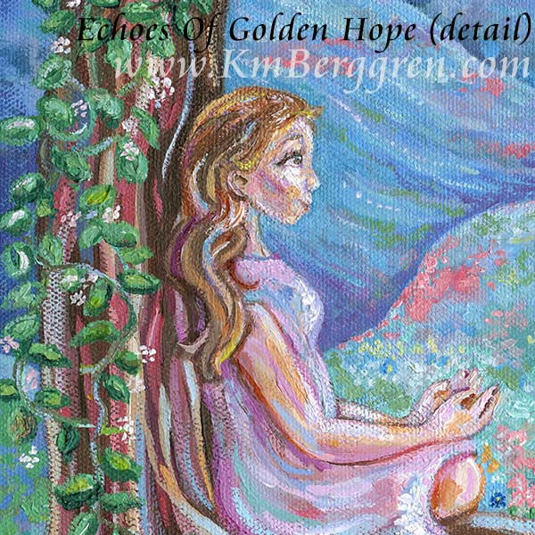 vertical tall print on paper or canvas of a woman resting beside a path, leaning against a tree that holds a swinging child in front of her, in pinks and greens and blues with canyons and grass blooming with pink, white and blue blossoms and forget-me-nots. Original painting by kmberggren, paintings of mothers, hopeful artwork, inspirational artwork for women, gifts for mom, art for women, paintings of trees, kimberggren, kmberggren, katie berggren