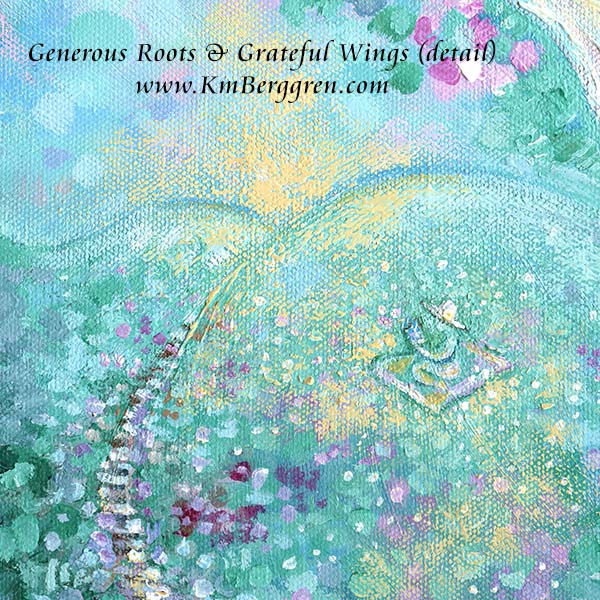 vertical tall painting on canvas of a woman reading in a field after climbing stone steps original painting by kmberggren, paintings of women, hopeful artwork, inspirational artwork for women, gifts for mom, art for women, paintings of stairs in nature, paintings of trees, paintings of rocks, kimberggren, kmberggren, katie berggren