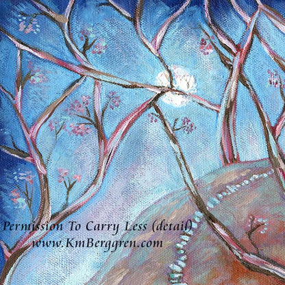 vertical tall painting on canvas of a woman resting beside a stone path, in reds and blues with an evening sky and trees that are just blooming with pink blossoms. Original painting by kmberggren, paintings of women, hopeful artwork, inspirational artwork for women, gifts for mom, art for women, paintings of stairs in nature, paintings of trees, paintings of rocks, kimberggren, kmberggren, katie berggren