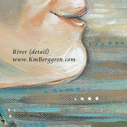 Artistic depiction of a woman's profile with wavy black hair, green and blue background, peaceful woman in nature with sweet smile, original painting by kmberggren