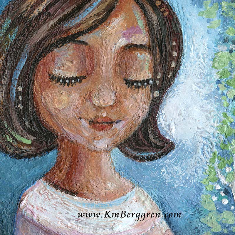 short dark haired woman with stream in the woods, river in the woods art, moon and trees art, woman with moon and forest trees painting, midnight art, moonlight art, serene calming wall decor, art decor for therapy office, female therapist clinic artwork, gift for therapist, inspirational artwork for women, kmberggren, km berggren, katie m berggren art