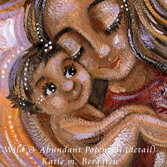 dark skin mother and two children, brown skin artwork, woman of color, same sex couple with children, two women with children, indian mother and baby art, brown family, black family, african american mother and child, original family paintings by Katie m. Berggren