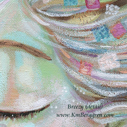 Artistic depiction of a woman with flowing hair and colorful flowers, with text overlay. original artwork by kmberggren, woman's profile painting, woman in forest, meditation artwork, soothing calm painting of women