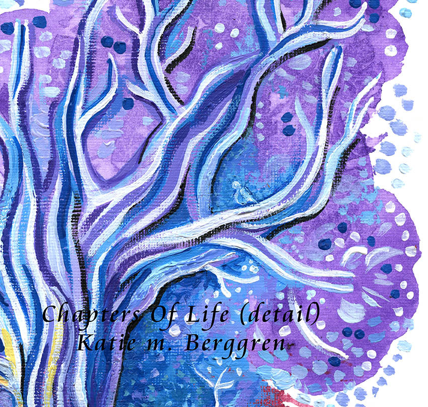 woman reading beneath beautiful colorful tree with birds and visual texture, warms and cools, organic patterns, kmberggren painting, paintings of trees and nature