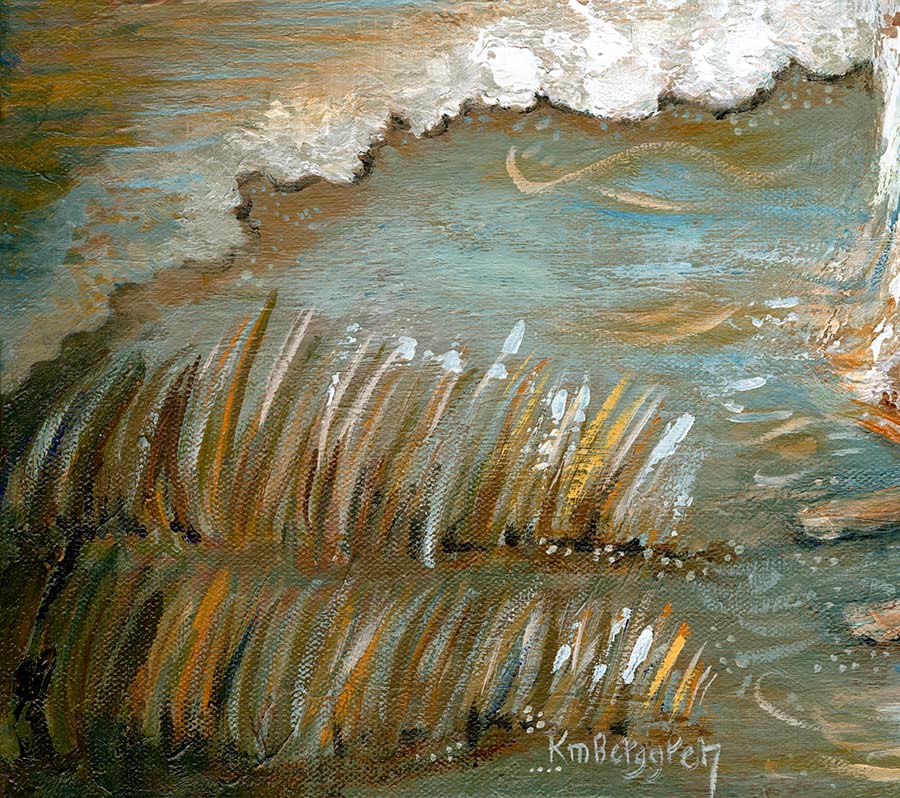detail of original art of mother and son standing on beach, painting of mom holding baby by the seashore, cool calm artwork, contentment art, relaxing peaceful painting with beach grass and sand