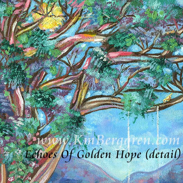 vertical tall print on paper or canvas of a woman resting beside a path, leaning against a tree that holds a swinging child in front of her, in pinks and greens and blues with canyons and grass blooming with pink, white and blue blossoms and forget-me-nots. Original painting by kmberggren, paintings of mothers, hopeful artwork, inspirational artwork for women, gifts for mom, art for women, paintings of trees, kimberggren, kmberggren, katie berggren