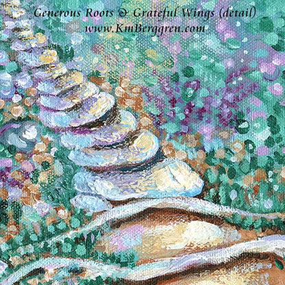 vertical tall painting on canvas of a woman reading in a field after climbing stone steps original painting by kmberggren, paintings of women, hopeful artwork, inspirational artwork for women, gifts for mom, art for women, paintings of stairs in nature, paintings of trees, paintings of rocks, kimberggren, kmberggren, katie berggren