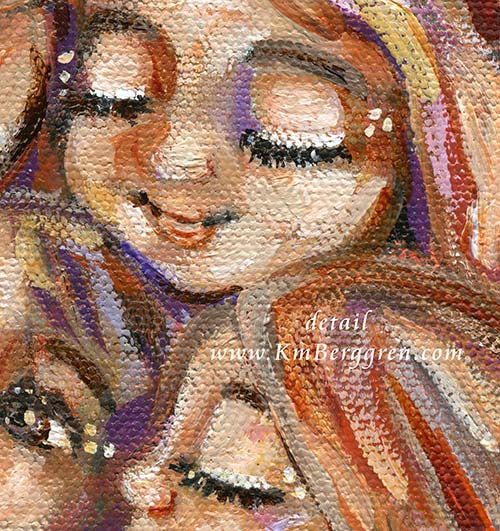 mother with 5 children artwork - sisters and brothers with mom - five kids and mom, gift for mother of 5, long haired mom and five children, warm art for mom, intimate cozy expressionist family art