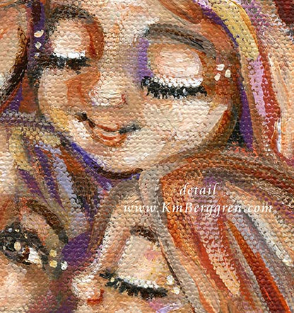 mother with 5 children artwork - sisters and brothers with mom - five kids and mom, gift for mother of 5, long haired mom and five children, warm art for mom, intimate cozy expressionist family art