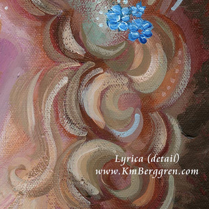 Artistic depiction of swirling patterns with a blue cluster, signed 'Lyrica' by KmBerggren.