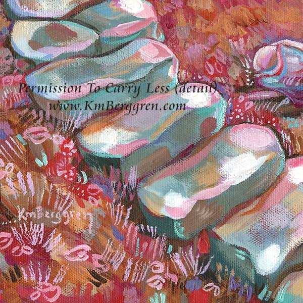 vertical tall painting on canvas of a woman resting beside a stone path, in reds and blues with an evening sky and trees that are just blooming with pink blossoms. Original painting by kmberggren, paintings of women, hopeful artwork, inspirational artwork for women, gifts for mom, art for women, paintings of stairs in nature, paintings of trees, paintings of rocks, kimberggren, kmberggren, katie berggren