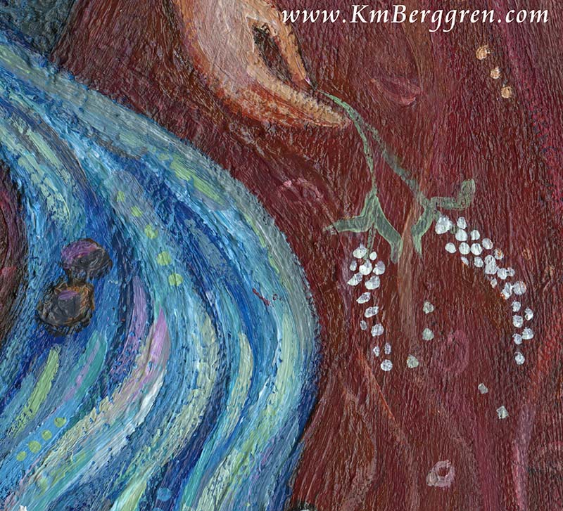 short dark haired woman with stream in the woods, river in the woods art, moon and trees art, woman with moon and forest trees painting, midnight art, moonlight art, serene calming wall decor, art decor for therapy office, female therapist clinic artwork, gift for therapist, inspirational artwork for women, kmberggren, km berggren, katie m berggren art