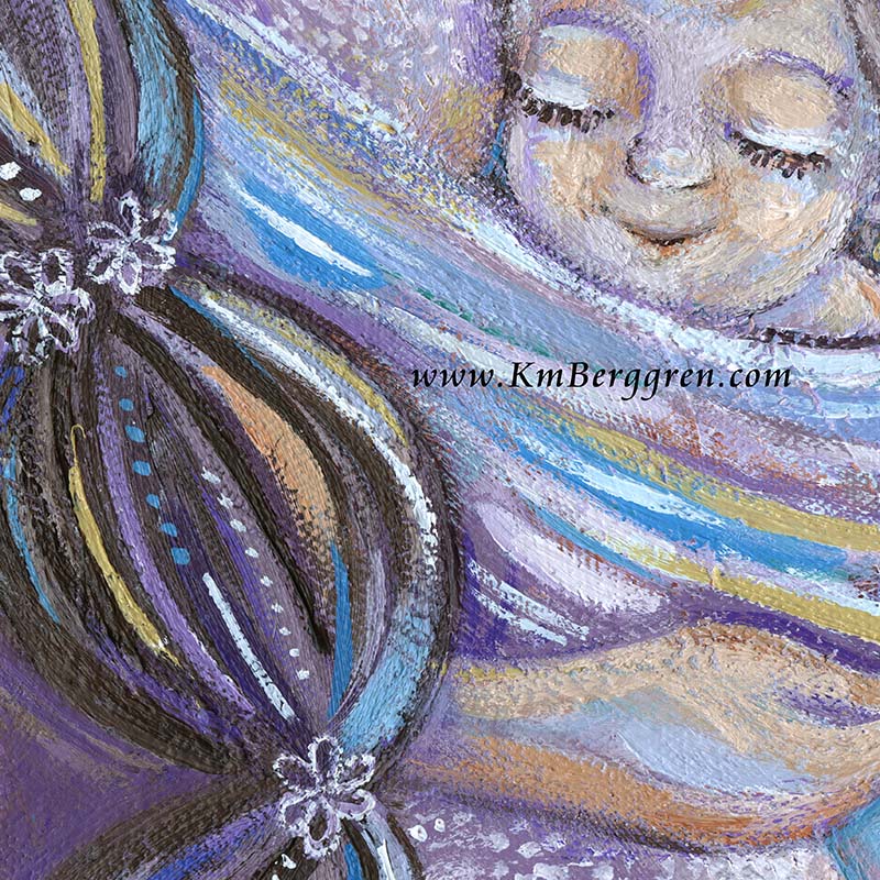 purple painting of mom and two kids, purple wall decor motherhood, mom and babies in purple, babywearing art in purple, purple baby wear art, wrapping baby in violet, lavender artwork, mother and twins art, paint print of mom and twin babies, kmberggren, km berggren, mom baby wall decor, art for baby nursery, art for twin nursery