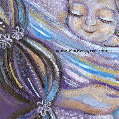 purple painting of mom and two kids, purple wall decor motherhood, mom and babies in purple, babywearing art in purple, purple baby wear art, wrapping baby in violet, lavender artwork, mother and twins art, paint print of mom and twin babies, kmberggren, km berggren, mom baby wall decor, art for baby  nursery, art for twin nursery