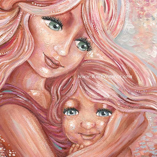 blonde red hair mother and red hair daughter with blue and green eyes, cuddling new baby girl in lap, pink forest with hummingbirds, pink soft trees, ethereal whimsical magical painting of mother and daughter kmberggren