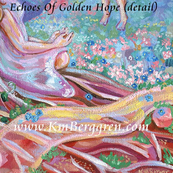 vertical tall print on paper or canvas of a woman resting beside a path, leaning against a tree that holds a swinging child in front of her, in pinks and greens and blues with canyons and grass blooming with pink, white and blue blossoms and forget-me-nots. Original painting by kmberggren, paintings of mothers, hopeful artwork, inspirational artwork for women, gifts for mom, art for women, paintings of trees, kimberggren, kmberggren, katie berggren