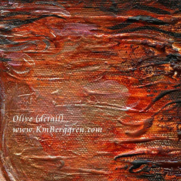 Close-up of a textured painting with visible brush strokes and a signature, www.KimBerggren.com.