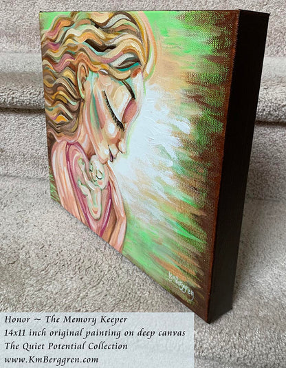 blonde mother with flowing hair holding a baby in her big pink heart, by KmBerggren, original painting on deep canvas