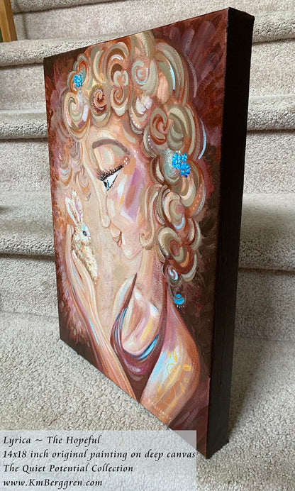 Artist Depiction of a woman with blonde curly hair holding a baby bunny, by KmBerggren