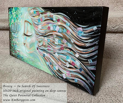 Artistic depiction of a woman with flowing hair and colorful flowers, with text overlay. original artwork by kmberggren, woman's profile painting, woman in forest, meditation artwork, soothing calm painting of women