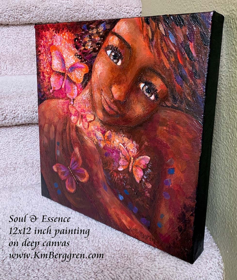 art inspired by stoicism, art inspired by Seneca, african American woman painting, woman of color art, black woman painting, butterflies painting, woman and butterflies, black woman with butterflies art, black skin butterflies, warm art, woman with eye contact art, woman looking at the viewer painting