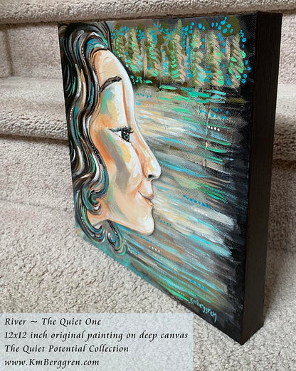 Artistic depiction of a woman's profile with wavy black hair, green and blue background, peaceful woman in nature with sweet smile, original painting by kmberggren