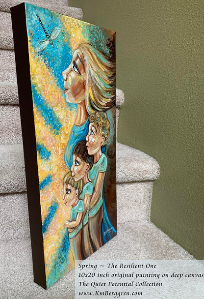 Original Heartfelt & Hopeful Artwork of a Woman Standing with 3 Sons, Facing the Sun and A Positive Future. Motivational Art for Single Mom, KmBerggren