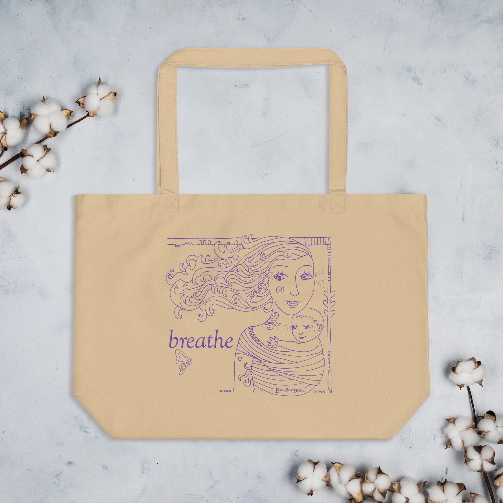 organic cotton tote in oyster color with purple mother and child line artwork by kmberggren, kimberggren, km berggren artwork on a reusable bag, art grocery bag tote