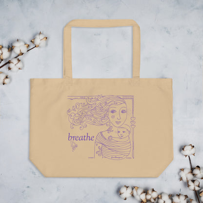 organic cotton tote in oyster color with purple mother and child line artwork by kmberggren, kimberggren, km berggren artwork on a reusable bag, art grocery bag tote