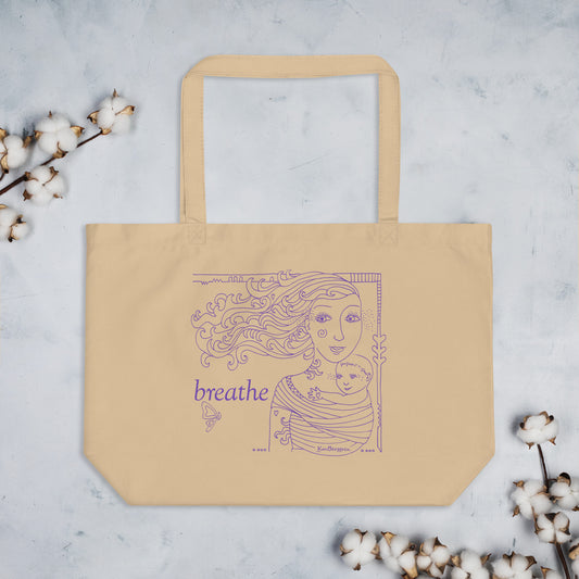 organic cotton tote in oyster color with purple mother and child line artwork by kmberggren, kimberggren, km berggren artwork on a reusable bag, art grocery bag tote